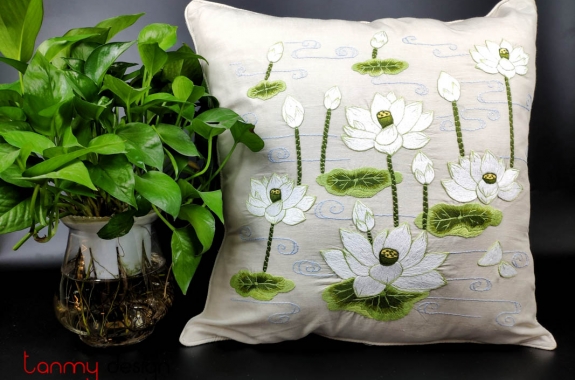 Cushion cover-white lotus bush embroidery